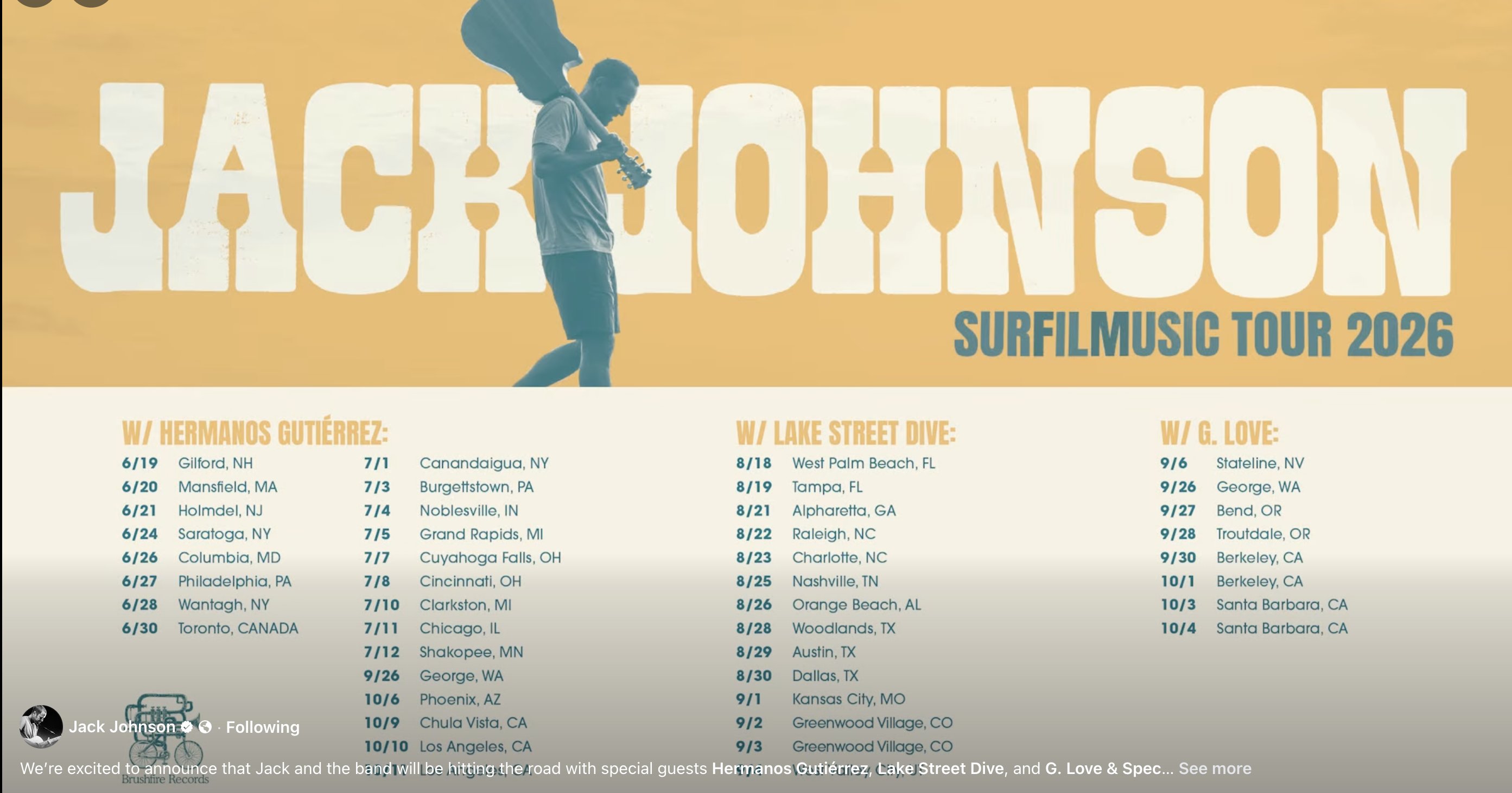 Jack Johnson SURFILMUSIC Tour Poster 2026